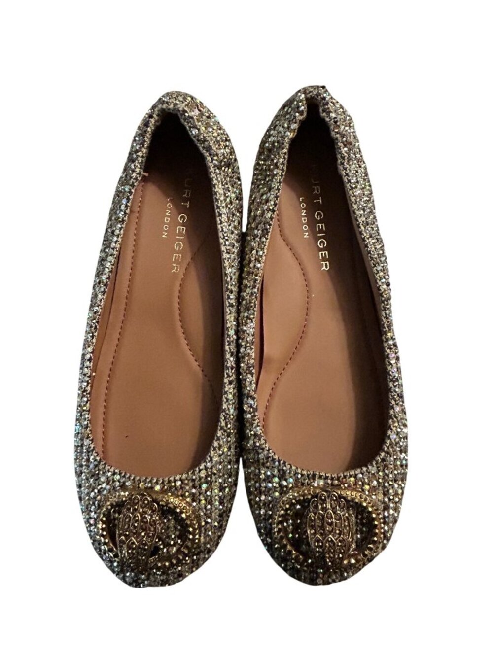 Kurt Geiger London Glitter Embellished Ballet Flats With Gold Eagle Detail Size